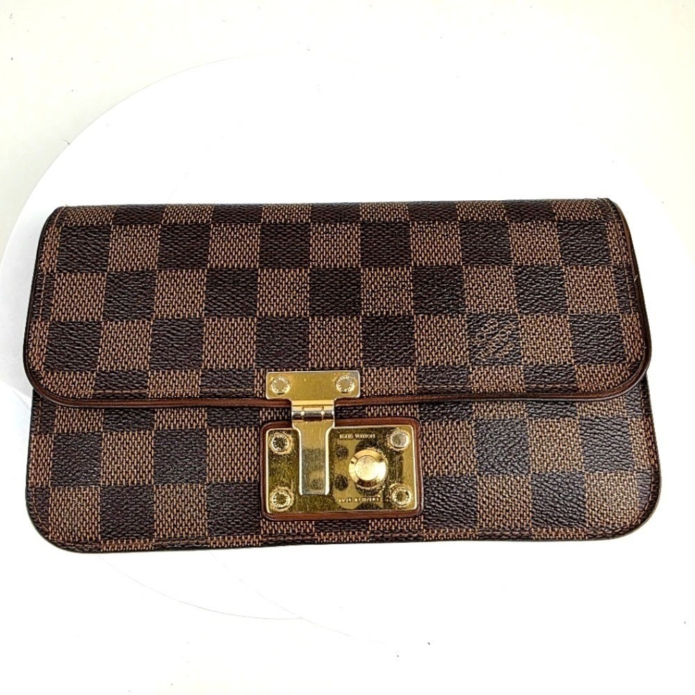 Louis Vuitton Ascot Wallet OS Brown Damier Ebene Canvas Gold Lock Long Clutch
